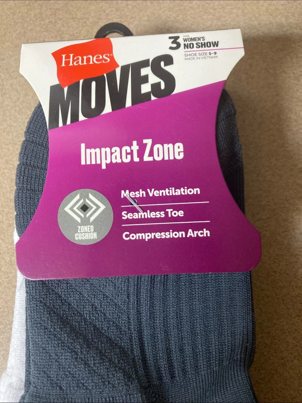 Hanes Moves Impact Zone No-Show Socks - Gray black& White - 3 Pack
